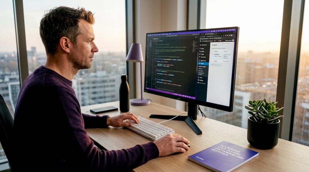 In een zonnig kantoor werkt een webdeveloper geconcentreerd aan een nieuwe plugin.