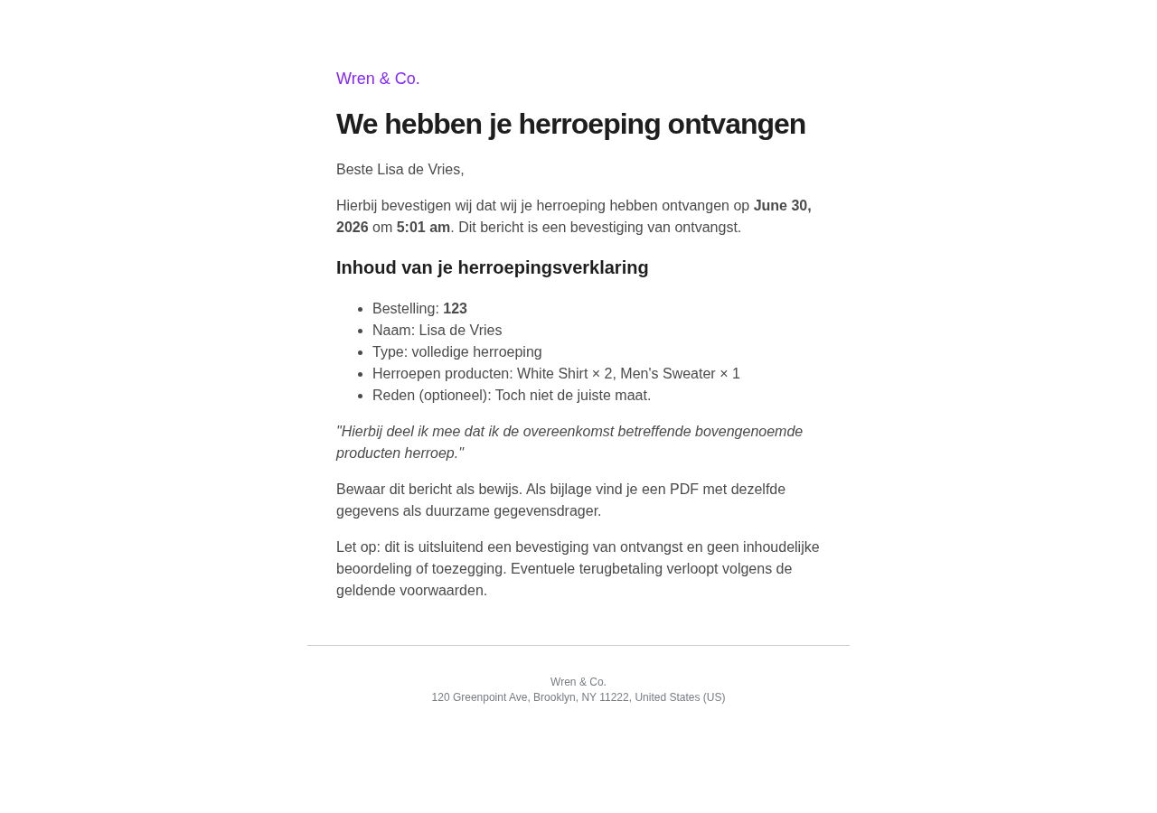 De bevestigingsmail aan de klant